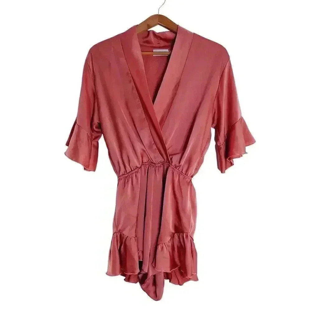 Lioness Rose Pink Satin Romper Plunging Neck Ruffled Hem Women's Size M